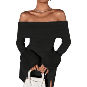 image:imageSOLY HUX Womens Off The Shoulder T Shirt Fuzzy Long Sleeve Slim Fitted Tee Going Out TopsPure Black