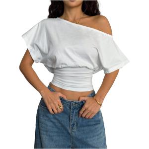 image:imageSOLY HUX Womens Off The Shoulder T Shirts Short Sleeve Asymmetrical Fitted Going Out Top StreetwearPure White