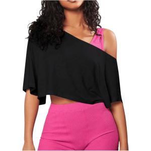 image:imageSOLY HUX Womens Off The Shoulder Tee Yoga Workout Crop Top Half Sleeve Asymmetrical Neck Activewear T ShirtPlain Black