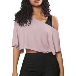 image:imageSOLY HUX Womens Off The Shoulder Tee Yoga Workout Crop Top Half Sleeve Asymmetrical Neck Activewear T ShirtPlain Dusty Pink