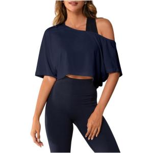 image:imageSOLY HUX Womens Off The Shoulder Tee Yoga Workout Crop Top Half Sleeve Asymmetrical Neck Activewear T ShirtPure Dark Blue