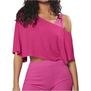 image:imageSOLY HUX Womens Off The Shoulder Tee Yoga Workout Crop Top Half Sleeve Asymmetrical Neck Activewear T ShirtPure Hotpink