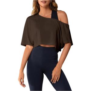 image:imageSOLY HUX Womens Off The Shoulder Tee Yoga Workout Crop Top Half Sleeve Asymmetrical Neck Activewear T ShirtPure Maroon