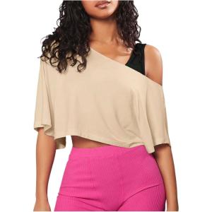 image:imageSOLY HUX Womens Off The Shoulder Tee Yoga Workout Crop Top Half Sleeve Asymmetrical Neck Activewear T ShirtSolid Beige