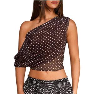 image:imageSOLY HUX Womens Off The Shoulder Tops Polka Dots Mesh See Through Crop Tank Shirts Aesthetic ClothesBrown and White