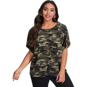 image:imageSOLY HUX Womens Plus Size Allover Print T Shirt Raglan Sleeve Loose Fit Casual Summer Tee TopArmy Green