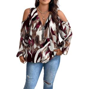 image:imageSOLY HUX Womens Plus Size Blouse Allover Print Cold Shoulder Bishop Long Sleeve Half Zip TopsBurgundy Print