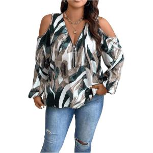 image:imageSOLY HUX Womens Plus Size Blouse Allover Print Cold Shoulder Bishop Long Sleeve Half Zip TopsGreen Printed