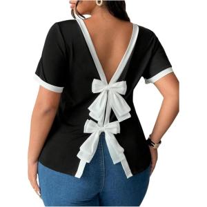 image:imageSOLY HUX Womens Plus Size Bow T Shirt Short Sleeve Crew Neck Tee Summer Open Back Going Out TopsBlack and White