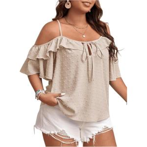 image:imageSOLY HUX Womens Plus Size Cold Shoulder Blouse Ruffle Trim Tie Front Shirts Casual Swiss Dots TopsPlain Apricot