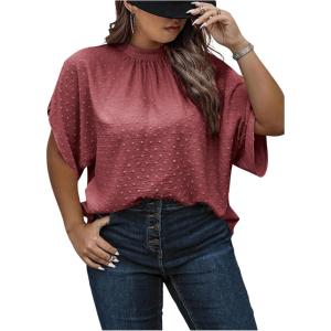 image:imageSOLY HUX Womens Plus Size Dressy Casual Shirts Swiss Dots Mock Neck Blouse Half Sleeve Tie Back Business Work TopsPure Brown