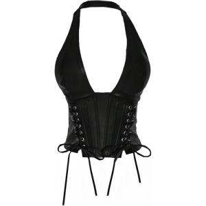 image:imageSOLY HUX Womens Plus Size Halter Tops PU Leather Deep V Neck Lace Up Backless Sleeveless Summer Crop Tank TopPain Black
