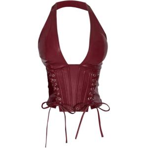 image:imageSOLY HUX Womens Plus Size Halter Tops PU Leather Deep V Neck Lace Up Backless Sleeveless Summer Crop Tank TopPlain Burgundy
