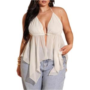 image:imageSOLY HUX Womens Plus Size Halter Tops Y2k Sexy Deep V Neck Tie Backless Sleeveless Flowy Asymmetrical Hem Summer TopPlain Apricot