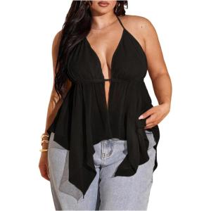 image:imageSOLY HUX Womens Plus Size Halter Tops Y2k Sexy Deep V Neck Tie Backless Sleeveless Flowy Asymmetrical Hem Summer TopPure Black