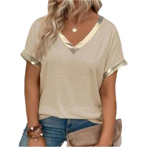 image:imageSOLY HUX Womens Plus Size Metallic T Shirt V Neck Short Sleeve Tee Casual Summer TopsPure Khaki