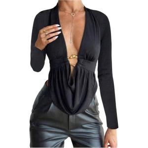 image:imageSOLY HUX Womens Plus Size Ruched Cowl Neck T Shirt Long Sleeve Asymmetrical Party Club TopsPlain Black