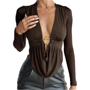 image:imageSOLY HUX Womens Plus Size Ruched Cowl Neck T Shirt Long Sleeve Asymmetrical Party Club TopsPlain Brown