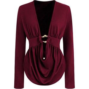 image:imageSOLY HUX Womens Plus Size Ruched Cowl Neck T Shirt Long Sleeve Asymmetrical Party Club TopsPure Burgundy