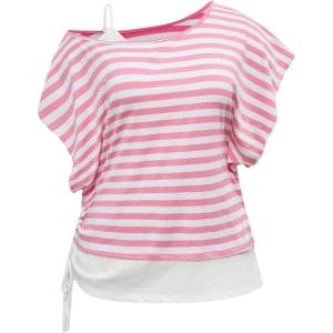 image:imageSOLY HUX Womens Plus Size Striped T Shirt Y2k Cold Shoulder Short Sleeve Summer Tops Drawstring Side Casual TeePink Striped