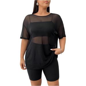 image:imageSOLY HUX Womens Plus Size Summer Mesh Tees Short Sleeve Crew Neck See Through TShirts TopsSolid Black