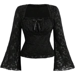 image:imageSOLY HUX Womens Plus Size T Shirt Bell Long Sleeve Square Neck Ruched Tee Y2k Lace Going Out TopsPlain Black
