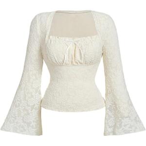 image:imageSOLY HUX Womens Plus Size T Shirt Bell Long Sleeve Square Neck Ruched Tee Y2k Lace Going Out TopsPure Apricot