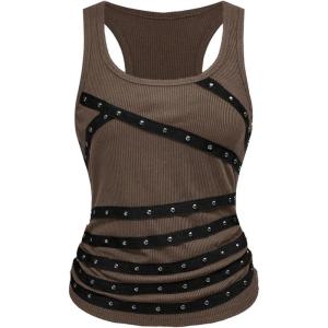 image:imageSOLY HUX Womens Punk Studded Ruched Tank Top Scoop Neck Sleeveless Fitted Grunge Tops StreetwearPlain Brown