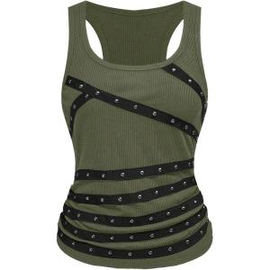 image:imageSOLY HUX Womens Punk Studded Ruched Tank Top Scoop Neck Sleeveless Fitted Grunge Tops StreetwearPure Green