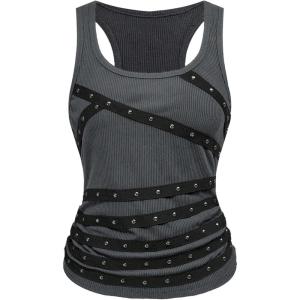 image:imageSOLY HUX Womens Punk Studded Ruched Tank Top Scoop Neck Sleeveless Fitted Grunge Tops StreetwearPure Grey