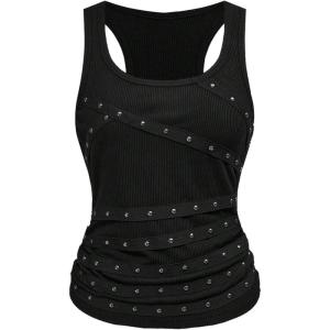 image:imageSOLY HUX Womens Punk Studded Ruched Tank Top Scoop Neck Sleeveless Fitted Grunge Tops StreetwearSolid Black