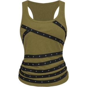 image:imageSOLY HUX Womens Punk Studded Ruched Tank Top Scoop Neck Sleeveless Fitted Grunge Tops StreetwearSolid Green