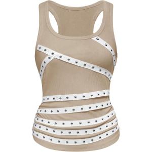 image:imageSOLY HUX Womens Punk Studded Ruched Tank Top Scoop Neck Sleeveless Fitted Grunge Tops StreetwearSolid Khaki