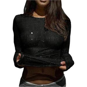 image:imageSOLY HUX Womens Rhinestone Sheer T Shirt Crew Neck Long Sleeve Sparkly Going Out TopsPure Black