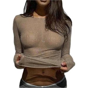 image:imageSOLY HUX Womens Rhinestone Sheer T Shirt Crew Neck Long Sleeve Sparkly Going Out TopsSolid Brown