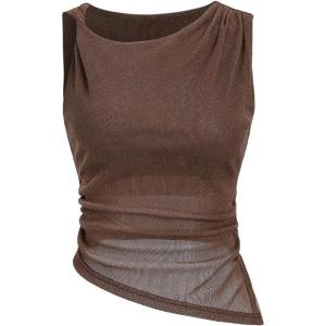 image:imageSOLY HUX Womens Ruched Glitter Tank Top Crew Neck Sleeveless Asymmetrical Going Out TopsSolid Brown