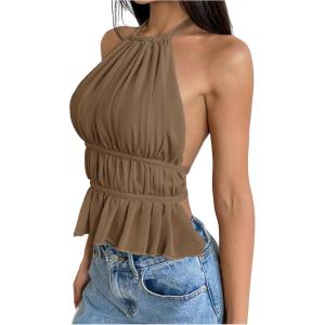 image:imageSOLY HUX Womens Ruffle Halter Neck Camisole Sleeveless Open Back Cute Party Going Out TopsSolid Brown