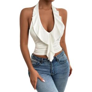 image:imageSOLY HUX Womens Ruffle Trim Halter Tops Ruched V Neck Sleeveless Going Out Crop TopsPlain White