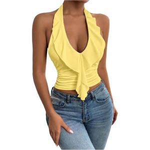 image:imageSOLY HUX Womens Ruffle Trim Halter Tops Ruched V Neck Sleeveless Going Out Crop TopsPlain Yellow