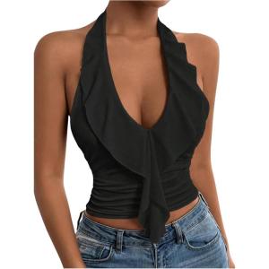 image:imageSOLY HUX Womens Ruffle Trim Halter Tops Ruched V Neck Sleeveless Going Out Crop TopsSolid Black