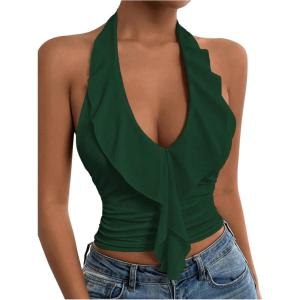 image:imageSOLY HUX Womens Ruffle Trim Halter Tops Ruched V Neck Sleeveless Going Out Crop TopsSolid Green