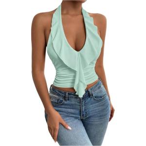 image:imageSOLY HUX Womens Ruffle Trim Halter Tops Ruched V Neck Sleeveless Going Out Crop TopsSolid Mint Green