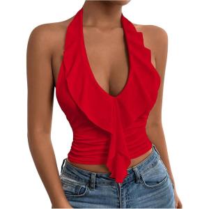 image:imageSOLY HUX Womens Ruffle Trim Halter Tops Ruched V Neck Sleeveless Going Out Crop TopsSolid Red