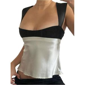 image:imageSOLY HUX Womens Satin Tank Top Color Block Scoop Neck Sleeveless Tie Back Summer TopsBlack and White