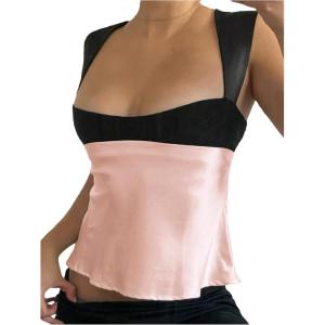 image:imageSOLY HUX Womens Satin Tank Top Color Block Scoop Neck Sleeveless Tie Back Summer TopsLight Pink and Black