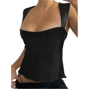 image:imageSOLY HUX Womens Satin Tank Top Color Block Scoop Neck Sleeveless Tie Back Summer TopsPlain Black