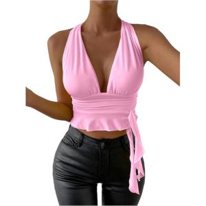 image:imageSOLY HUX Womens Sexy Deep VNeck Halter Crop Top Summer Beach Vacation Clothes Y2K Trendy Tank Top for Going Out PartyPlain Pink