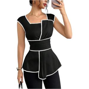 image:imageSOLY HUX Womens Square Neck Cap Sleeve Blouse Peplum Asymmetrical Summer Casual Work TopsBlack