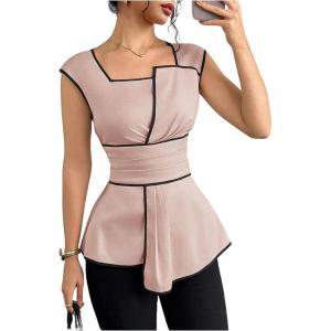 image:imageSOLY HUX Womens Square Neck Cap Sleeve Blouse Peplum Asymmetrical Summer Casual Work TopsPink
