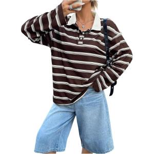 image:imageSOLY HUX Womens Striped Oversized T Shirts Collared Long Sleeve Vintage Tees StreetwearCoffee Brown